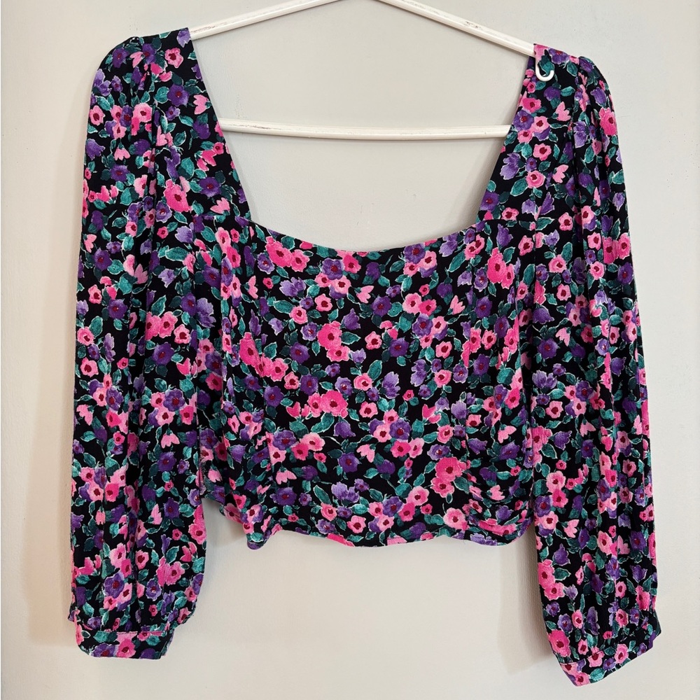 Zara Floral 3/4 Sleeve Puff Sleeve Crop Top Size Medium